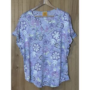 Ruby Rd Women's Large V-Neck Ruffle Sleeve Purple Floral